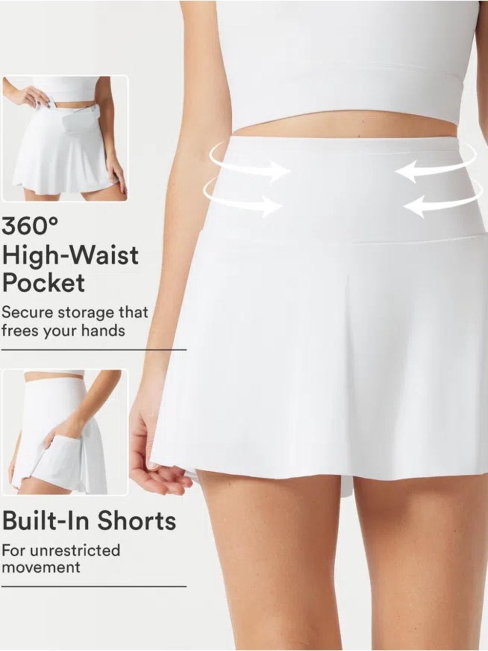HALARA 360° High-Waist Built-In Shorts Skort - White